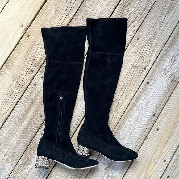 Women's Black Microsuede Over The Knee Boots Rhinestone Heels Size 39 (7.5-8) - Picture 1 of 8